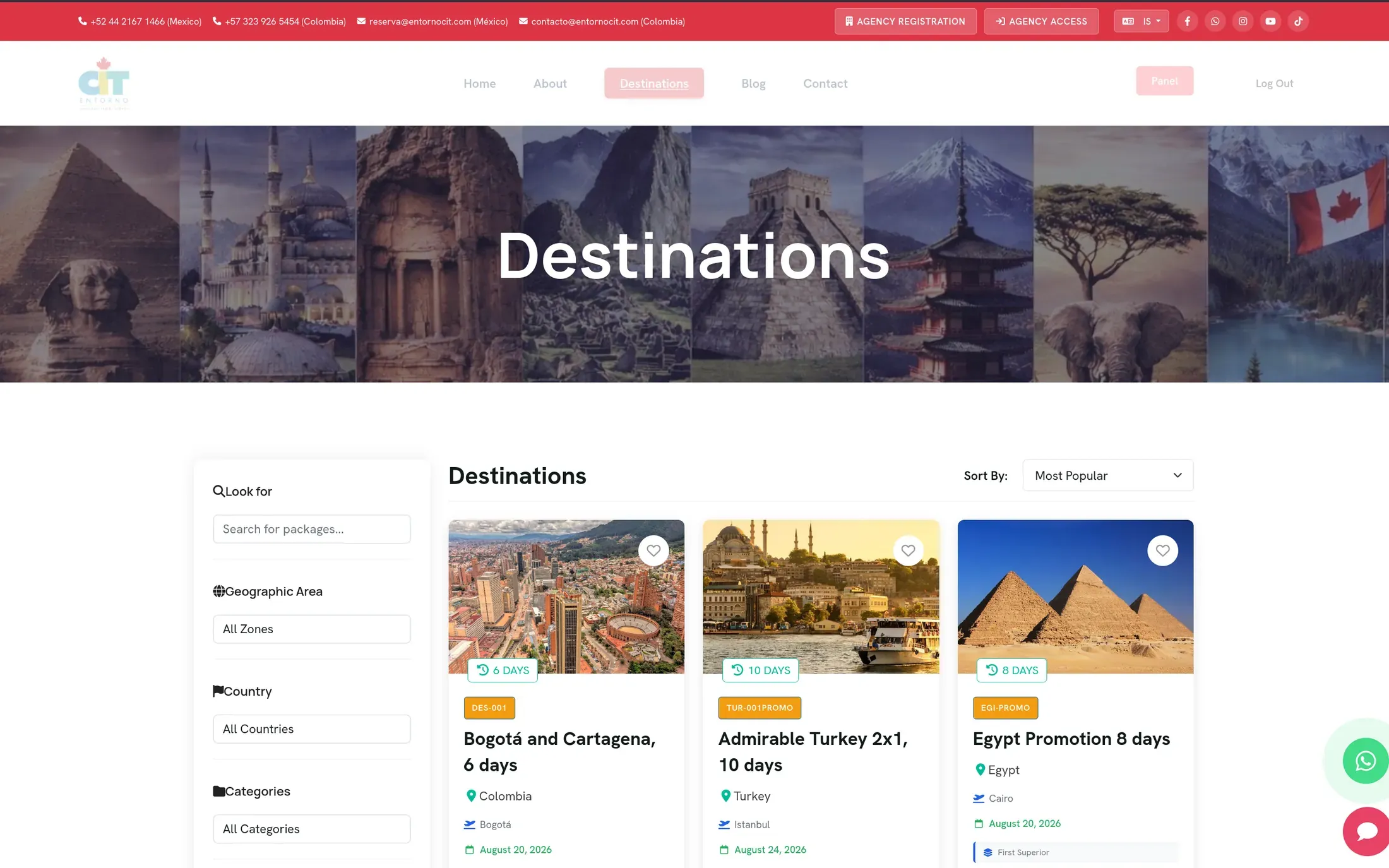 The Entorno CIT home page in Spanish, with a promotional carousel and a destination search