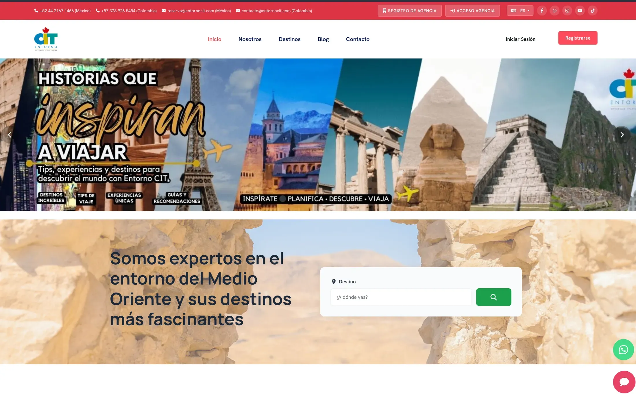 The Entorno CIT destinations page: a banner of destination photography above a filterable package grid