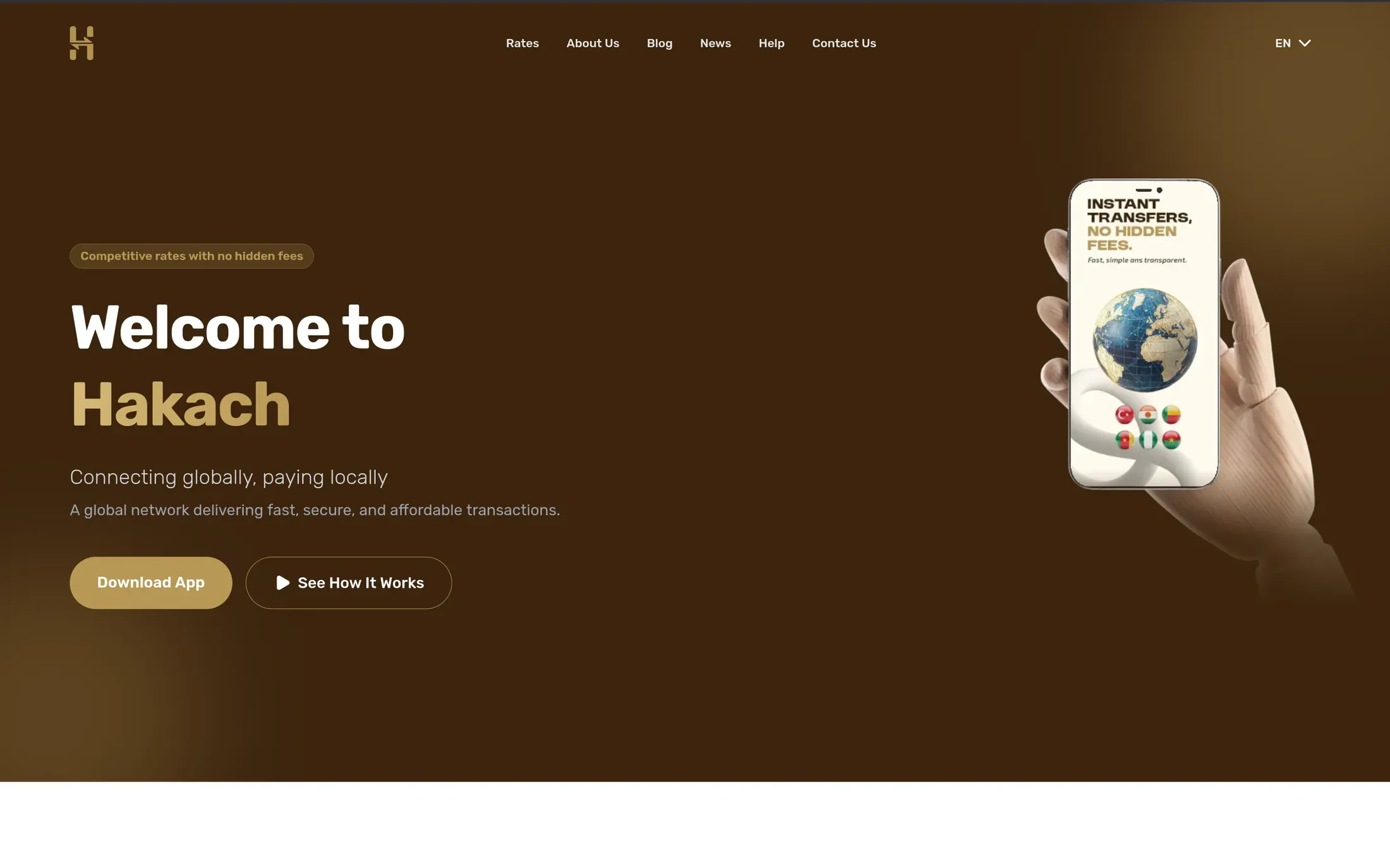 The Hakach home page: Welcome to Hakach, connecting globally, paying locally, beside a phone showing an instant transfer