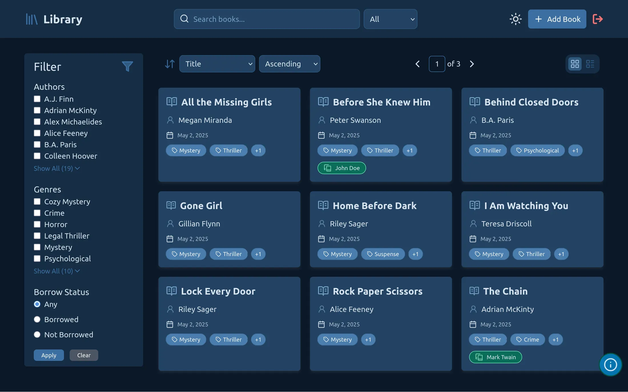 The Library book grid in dark mode, with a filter sidebar for author, genre and borrow status, and borrower names on the books that are out