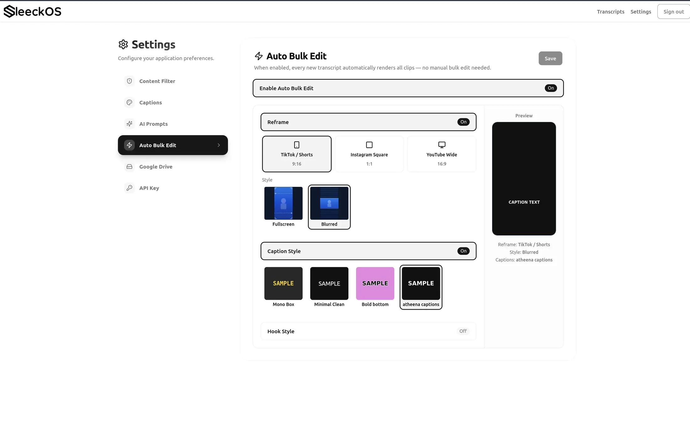 The auto bulk edit settings in SleeckOS Clips: reframe presets for TikTok, Instagram and YouTube beside a live caption preview