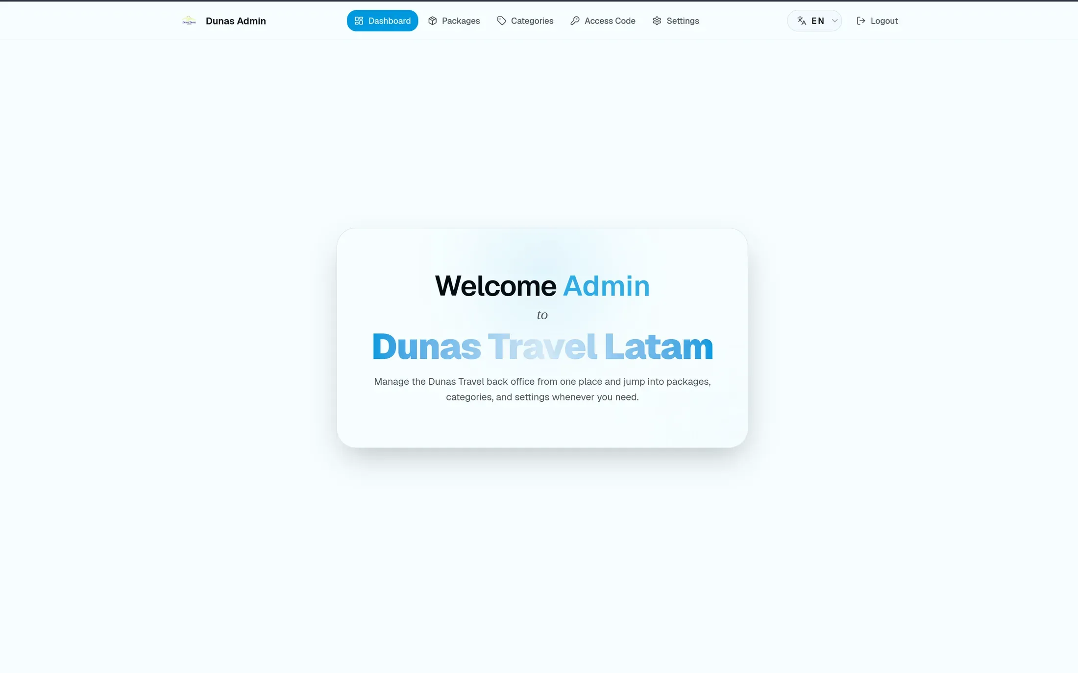 The Dunas Travel Latam back office after sign-in