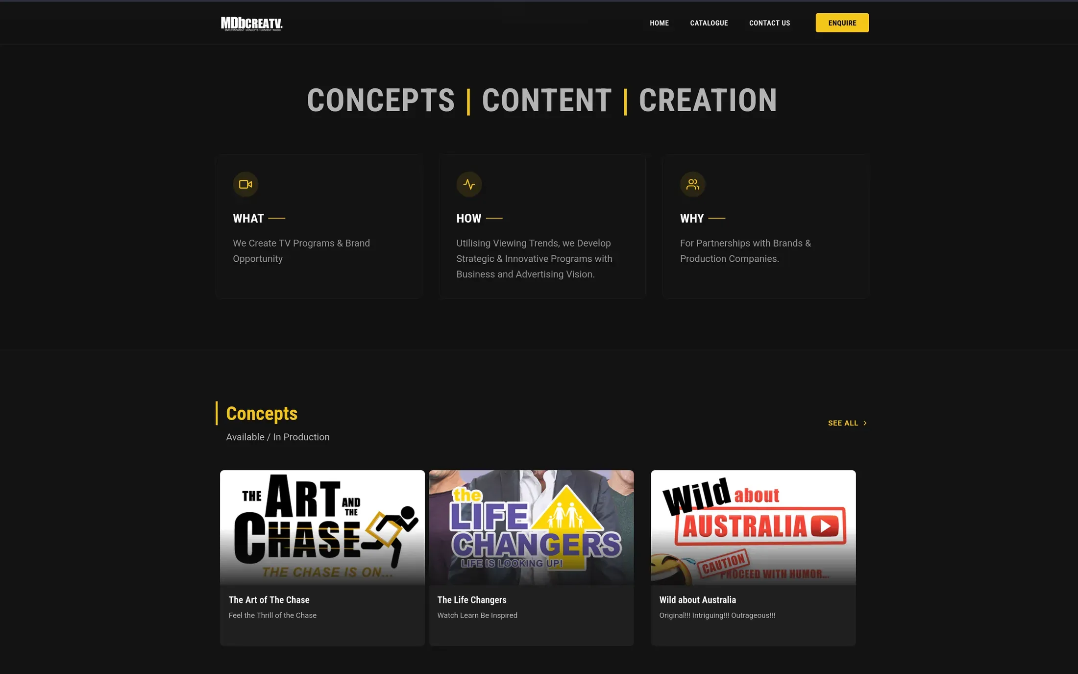 The what, how and why panels above the concepts row, listing TV programmes in production