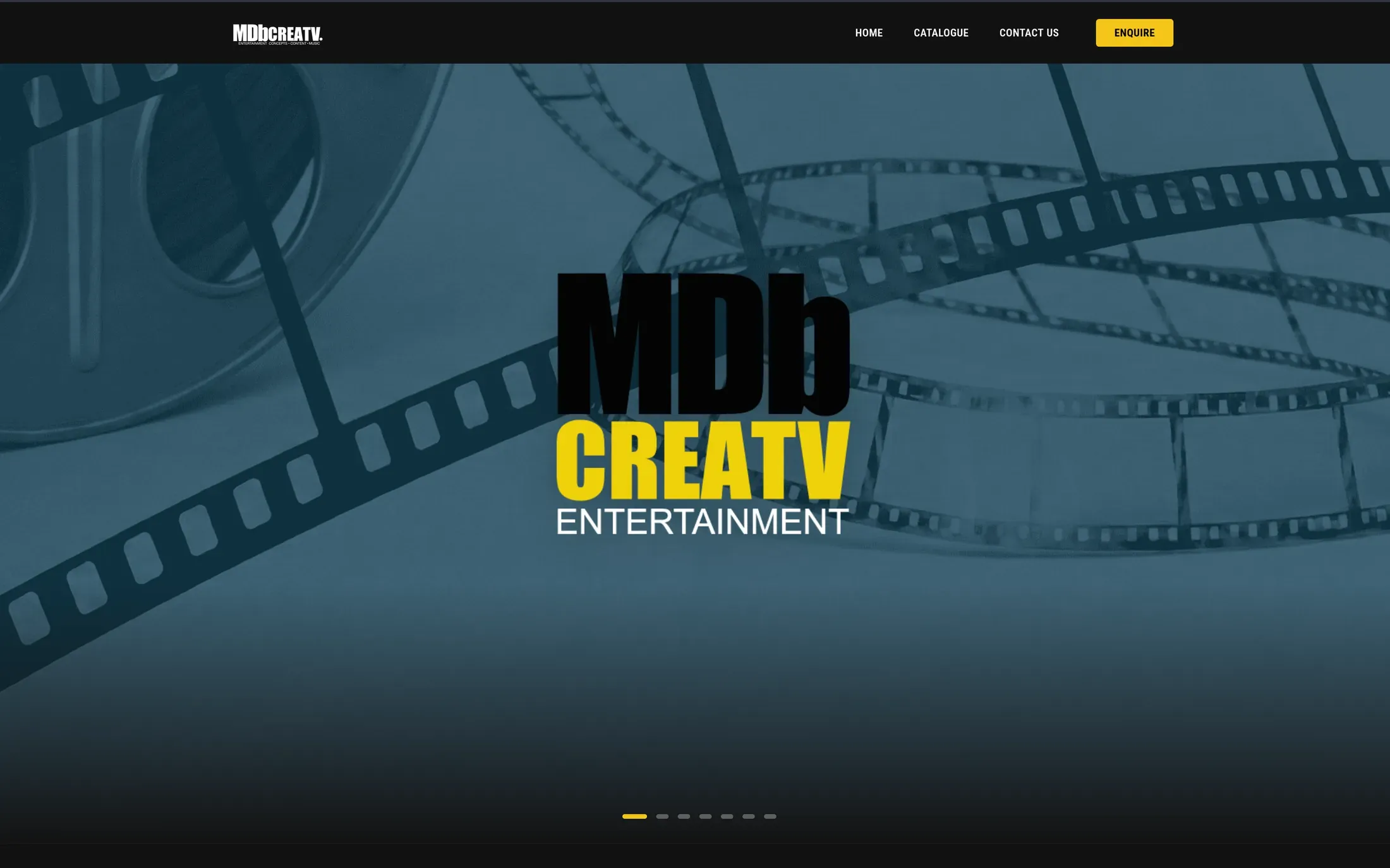 The MDbcreatv home page: a film-reel hero carrying the MDb CREATV Entertainment wordmark