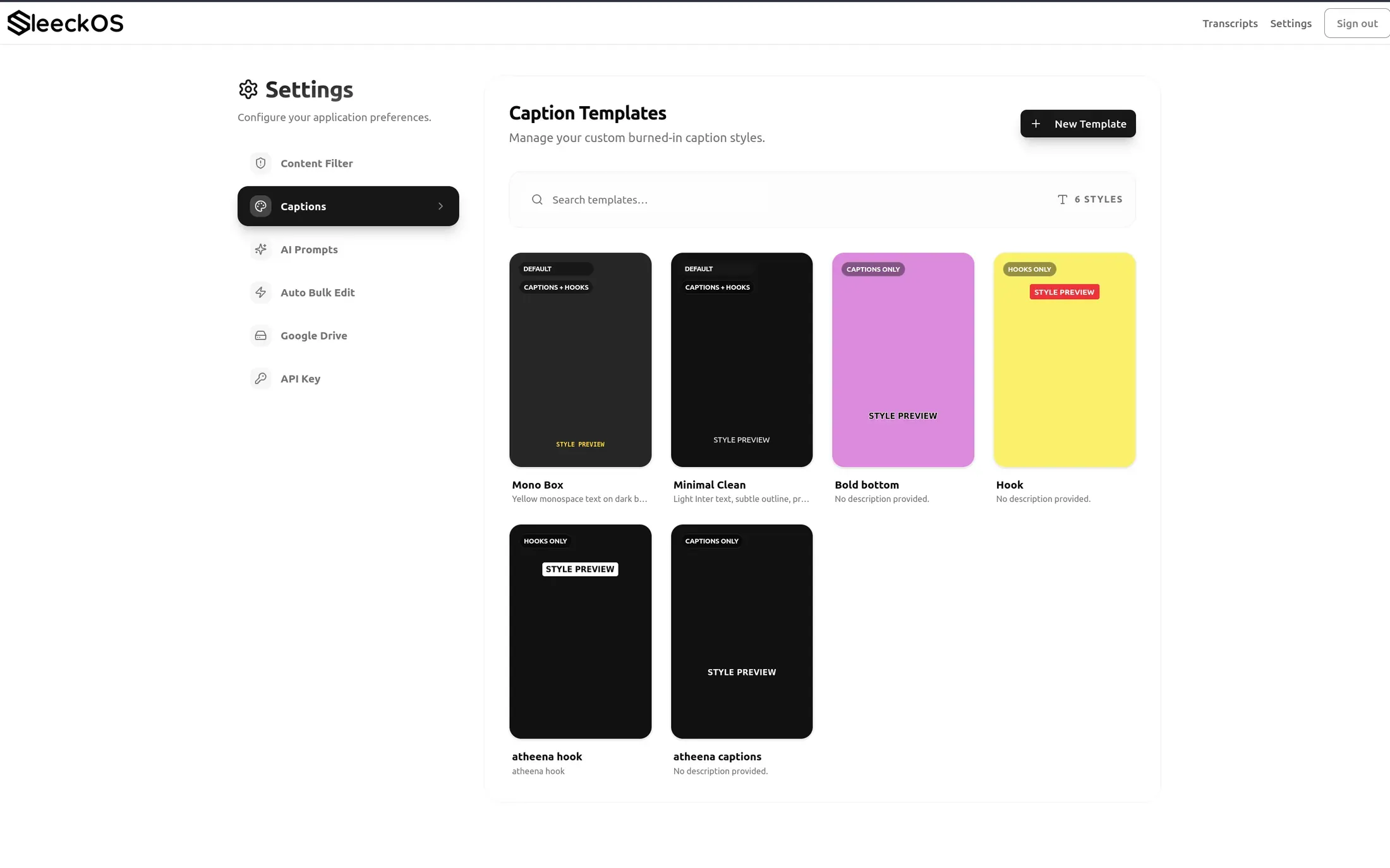 The caption template library, a grid of burned-in caption styles with live previews