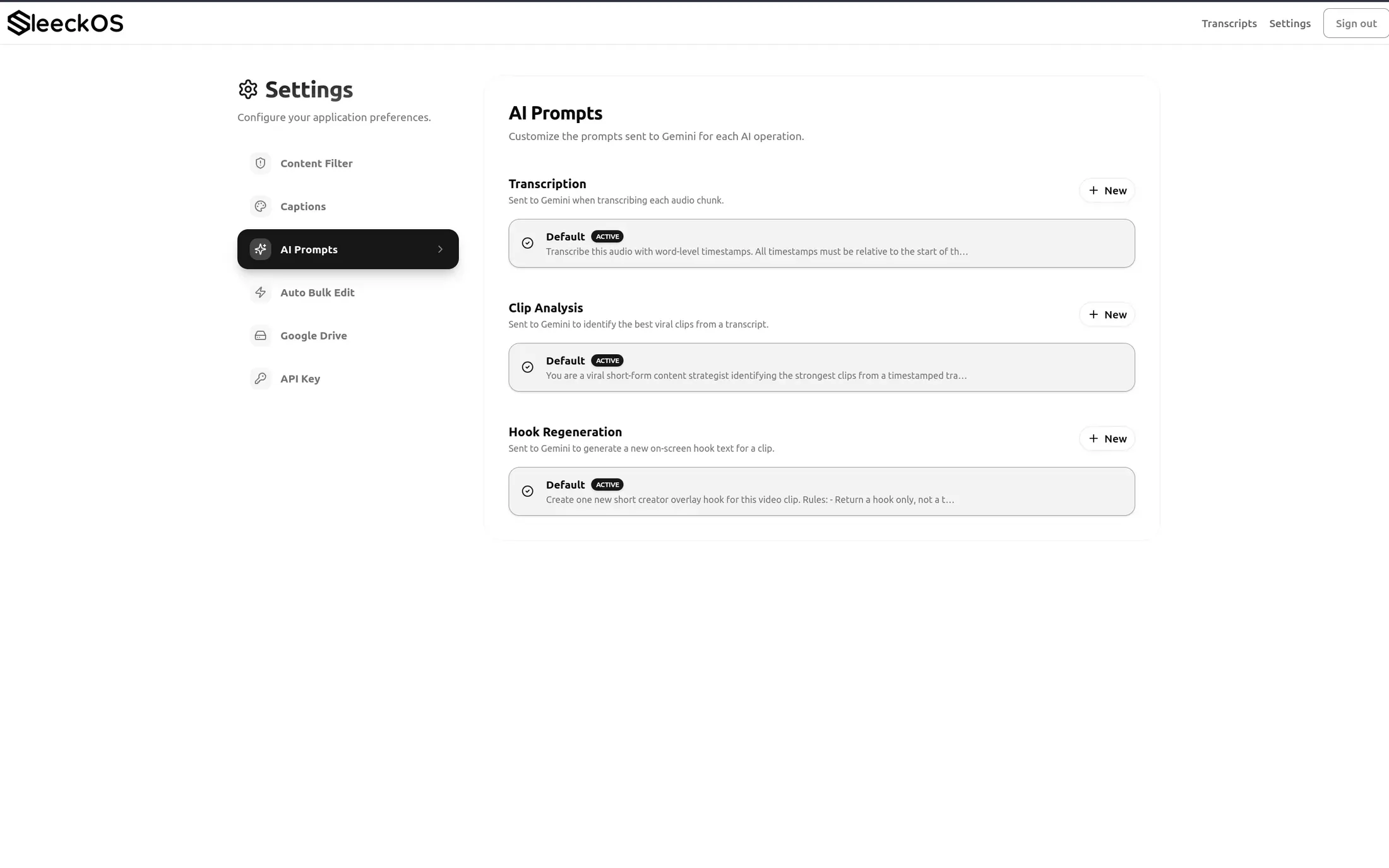The AI prompt settings, with editable prompts for transcription, clip analysis and hook regeneration