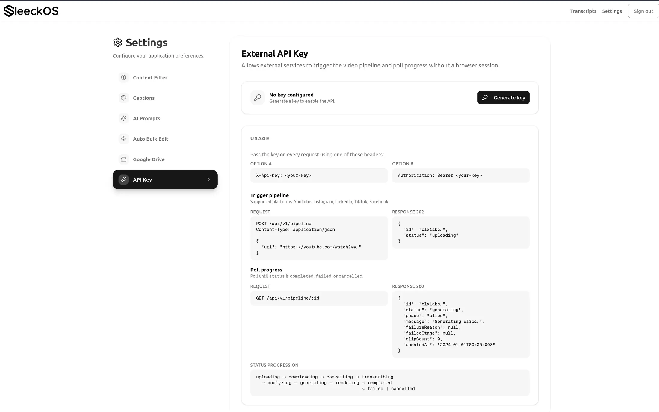 The external API key screen, documenting the pipeline request, the poll response and the status progression