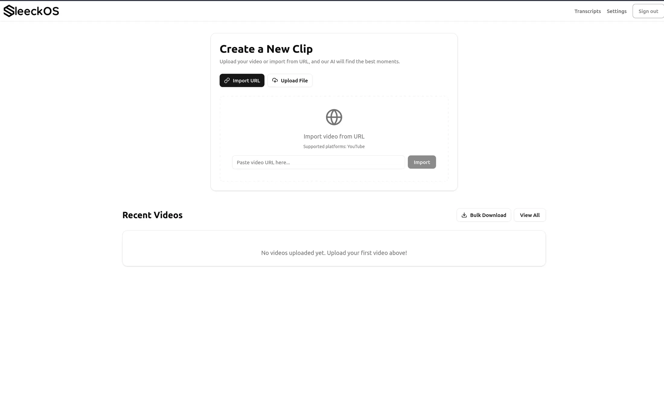 The create-a-new-clip screen, offering import from URL or a file upload